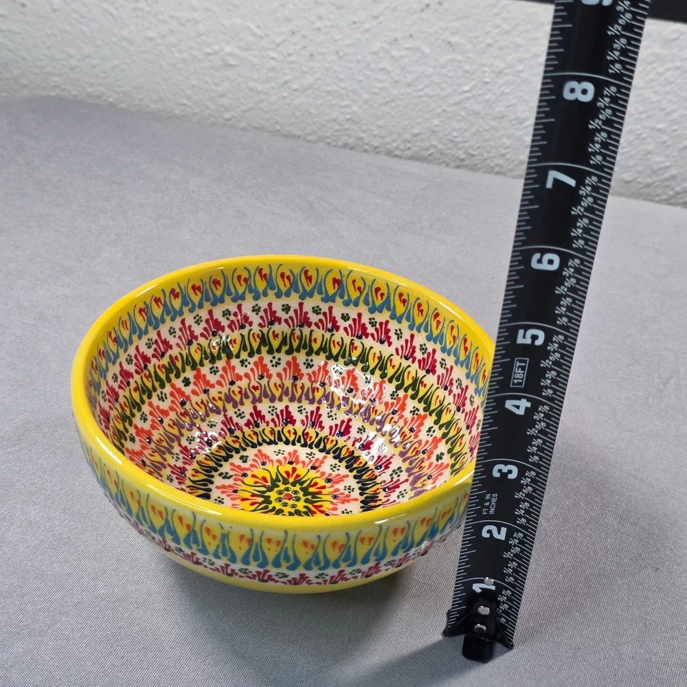 Handcrafted Hand Painted Yellow Ceramic Bowl Floral Mandala Signed 6 Inch